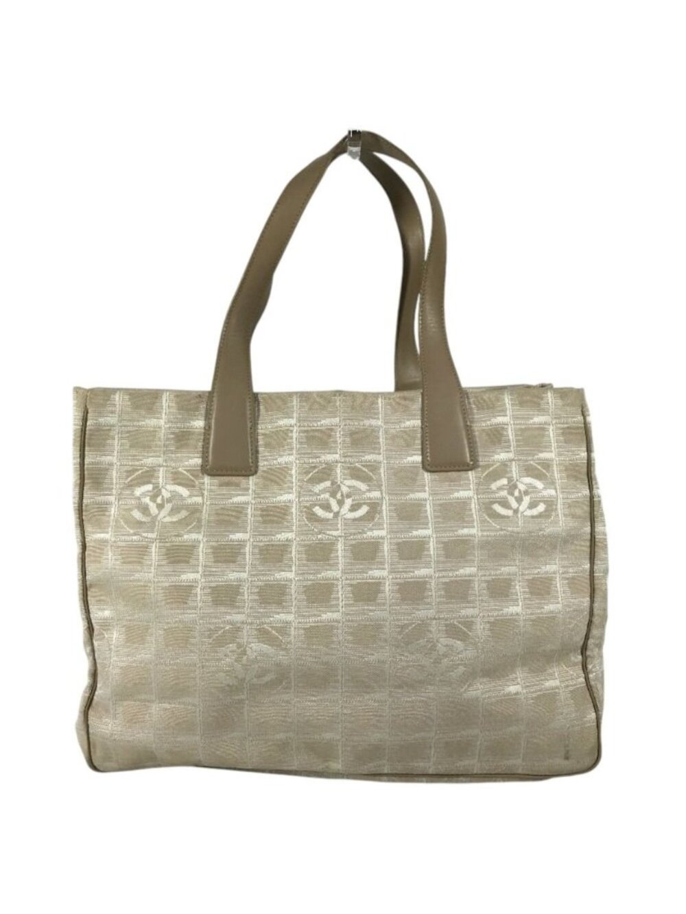 Chanel Tote Bag New Travel Line MM CC Logo Leather Nylon Jacquard Beige